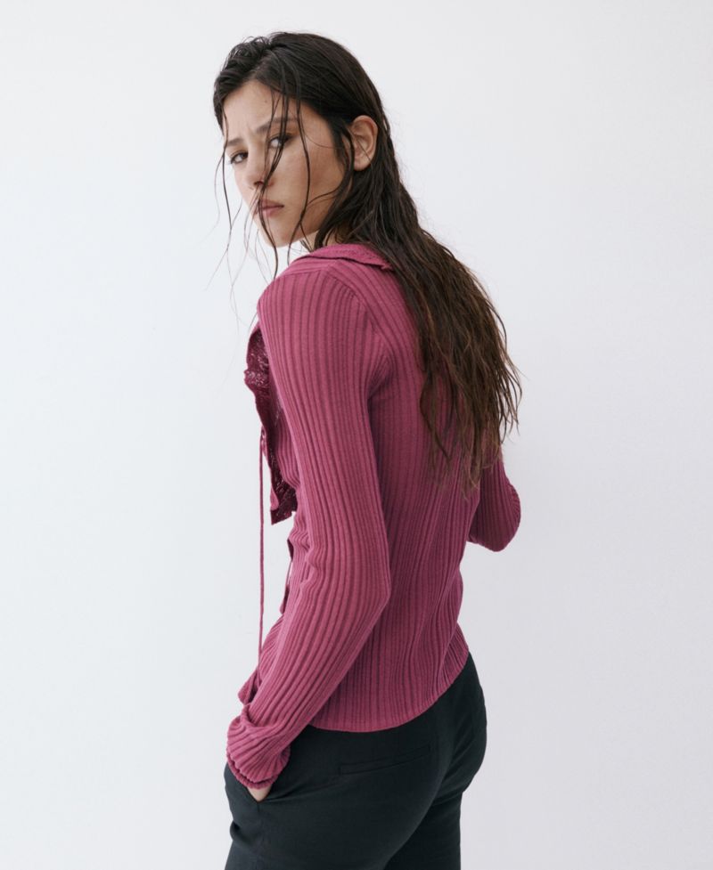 Women's Ruffled Detail Textured Knit Cardigan Sweater