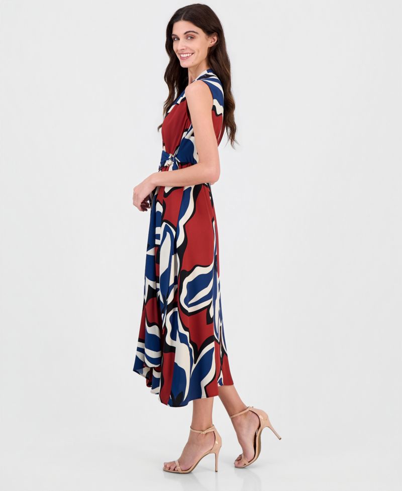 Women's Printed Faux-Wrap Tie-Waist Midi Dress