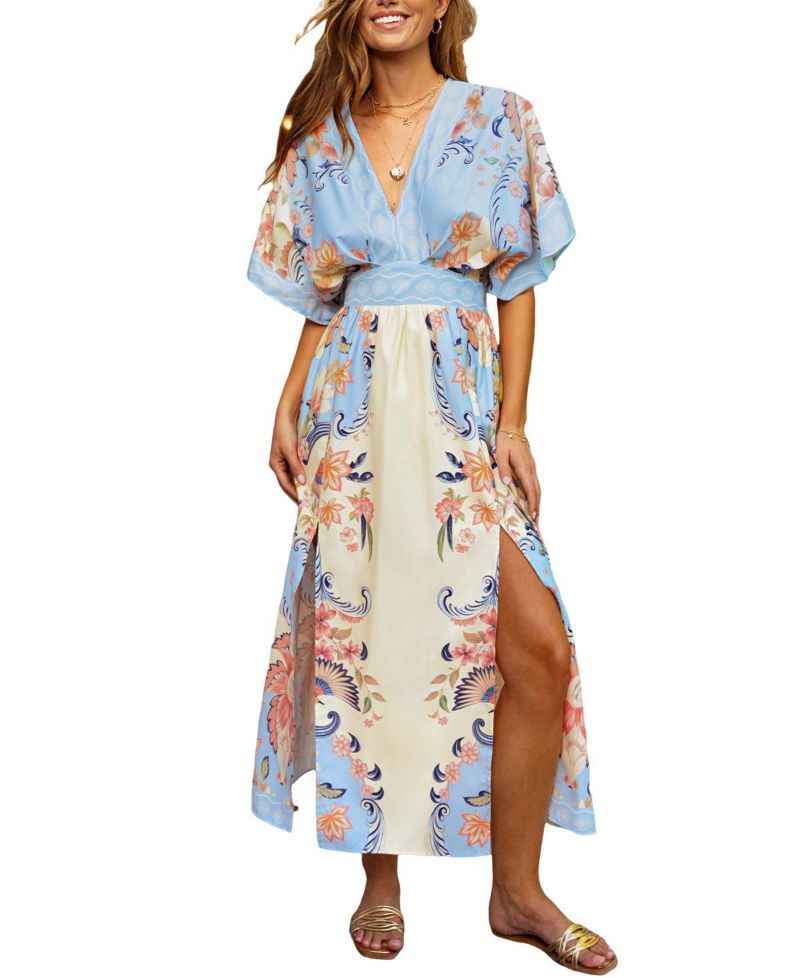 Women's Plunging V-Neck Short-Sleeve Woven Maxi Dress