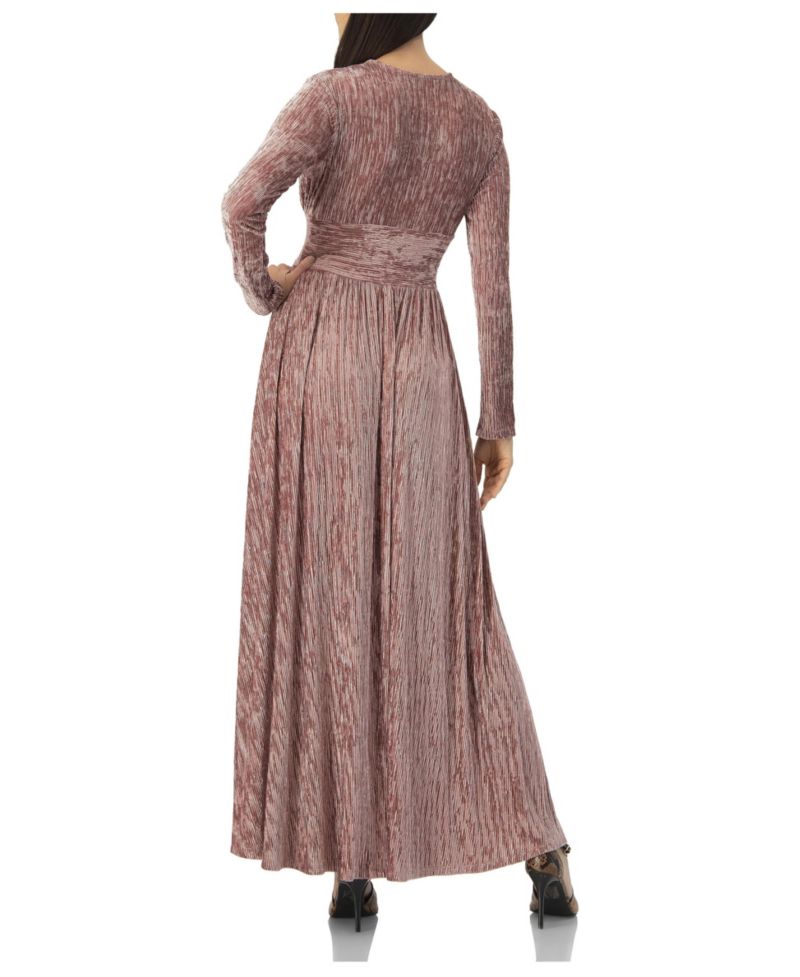 Women's Long Velvet Pleated V-Neck Dress