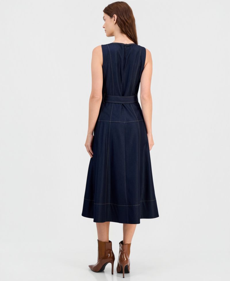 Women's Button-Front Belted Fit and Flare Midi Dress