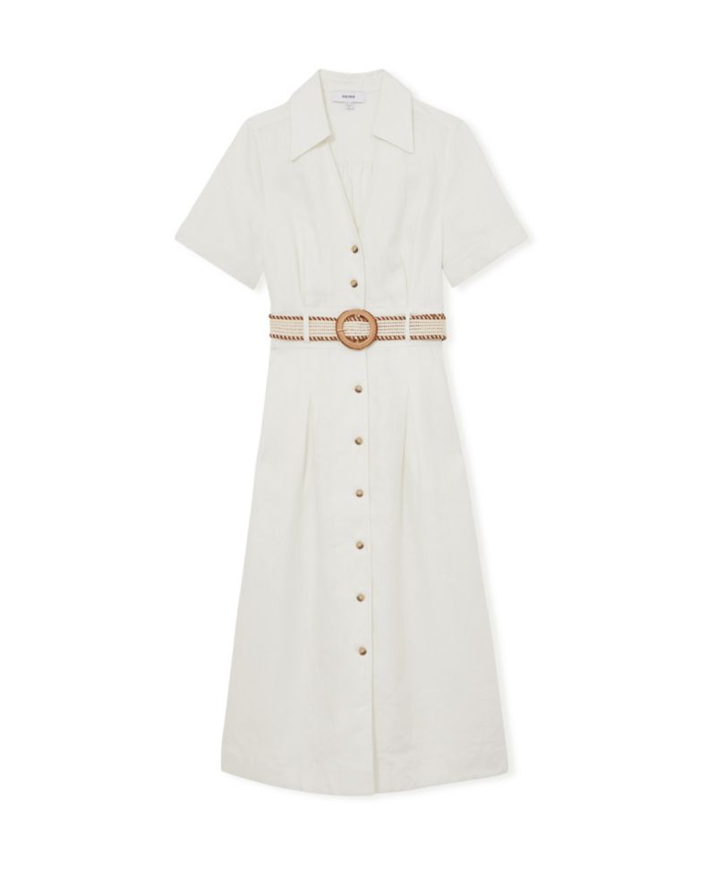 Women's Anita Belted V-Neck Short-Sleeve Linen Midi Dress