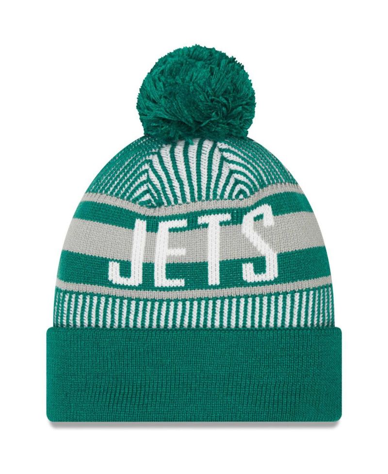 Men's Green New York Jets Striped Cuffed Knit Hat with Pom