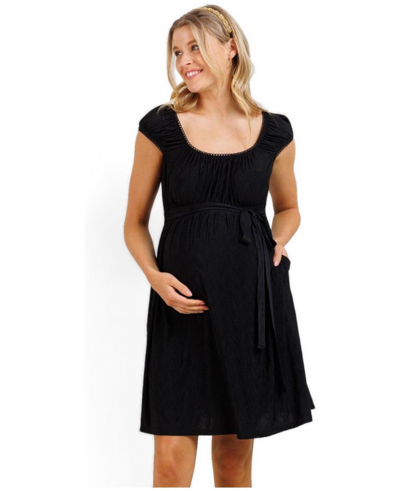 Maternity Cap Sleeve Textured Empire Waist Dress with Pockets