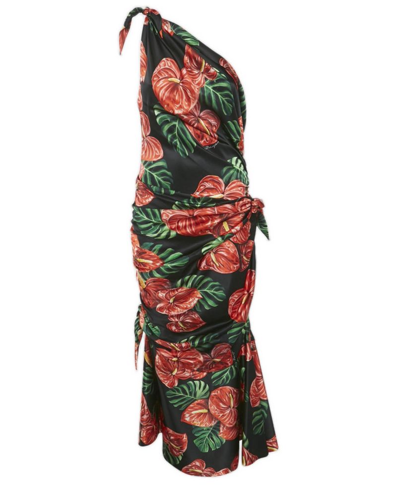 Women's Pre-Owned Dolce and Gabbana Black Printed Satin Silk One-Shoulder Tie-Up Detail Midi Dress