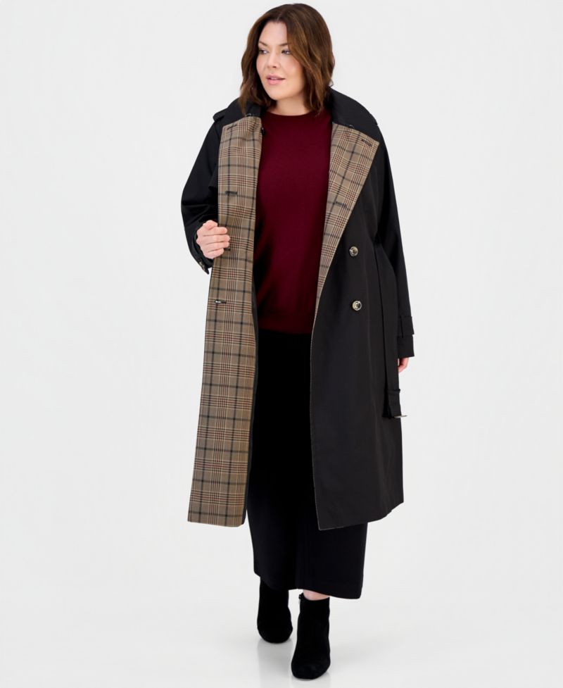 Plus Size Plaid Collar Belted Trench Coat, Created for Macy's