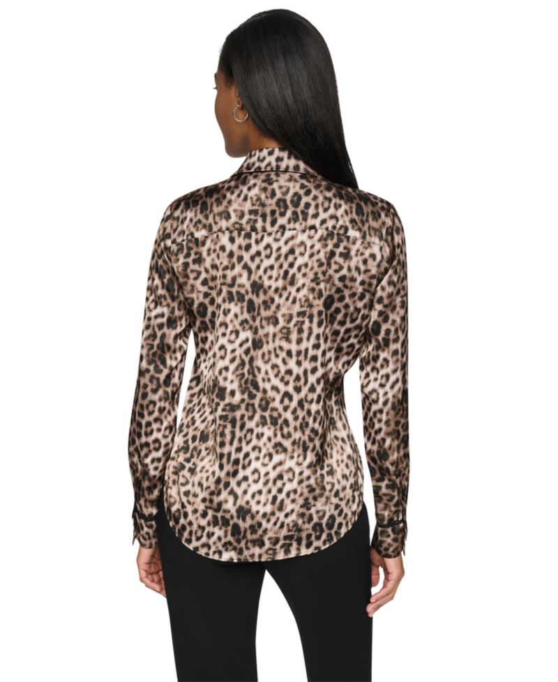 Petite Printed Satin Long-Sleeve Collared Top