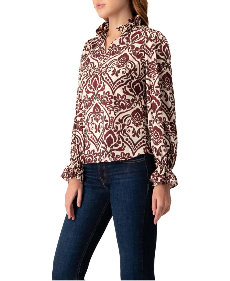 Women's Ruffled V-Neck Abstract Blouse Top