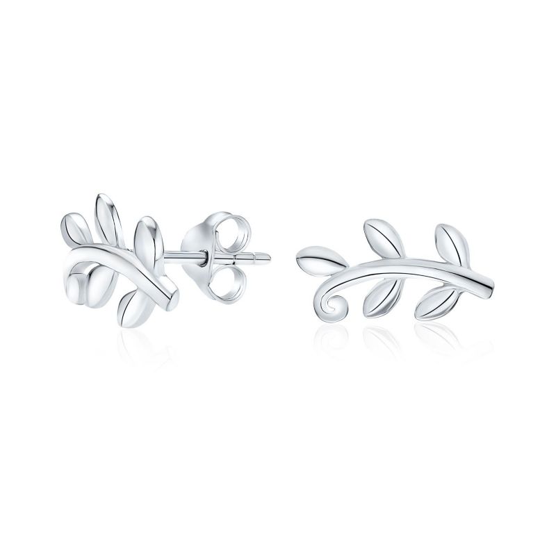 Danity Tiny Nature Vine Laurel Leaf Stud Earrings .925 Sterling Silver
