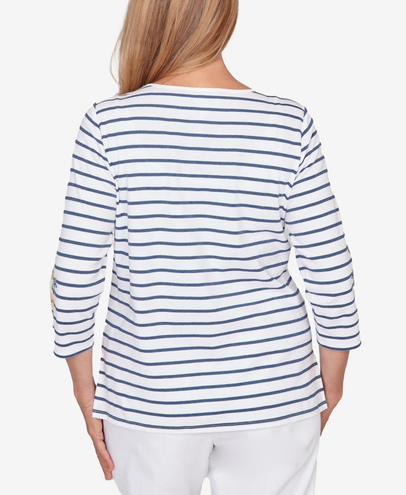 Petite Classic Floral Embroidered Stripe Top with Necklace