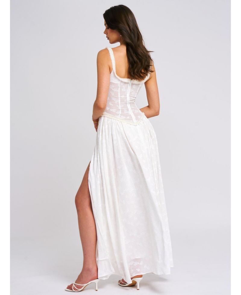 Women's Ulissa White Square Neck Jacquard Textured High Slit Maxi Dress