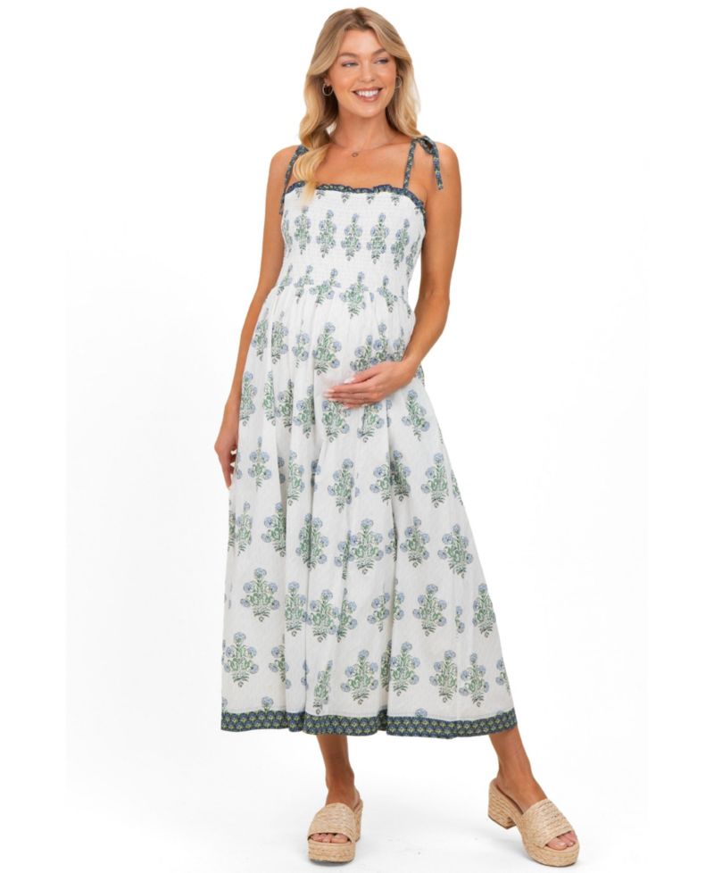 Women's Off White Floral Smocked Shoulder Tie Maxi Dress