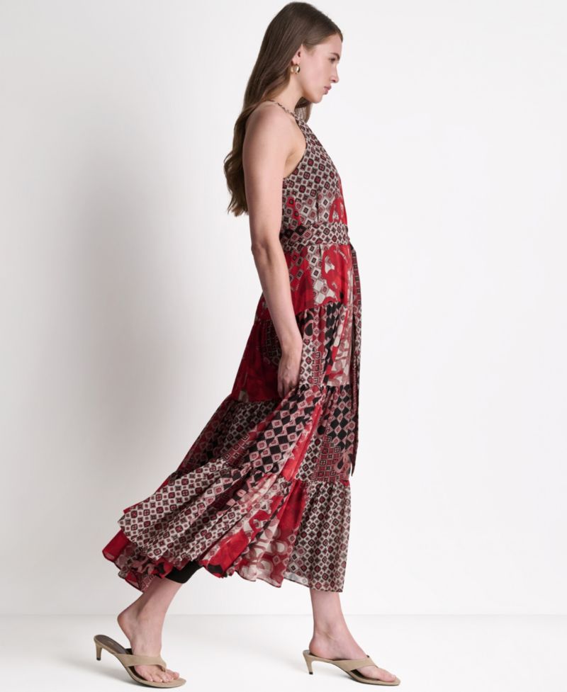 Women's Patchwork Chiffon Halter Maxi Dress with Tiered Skirt