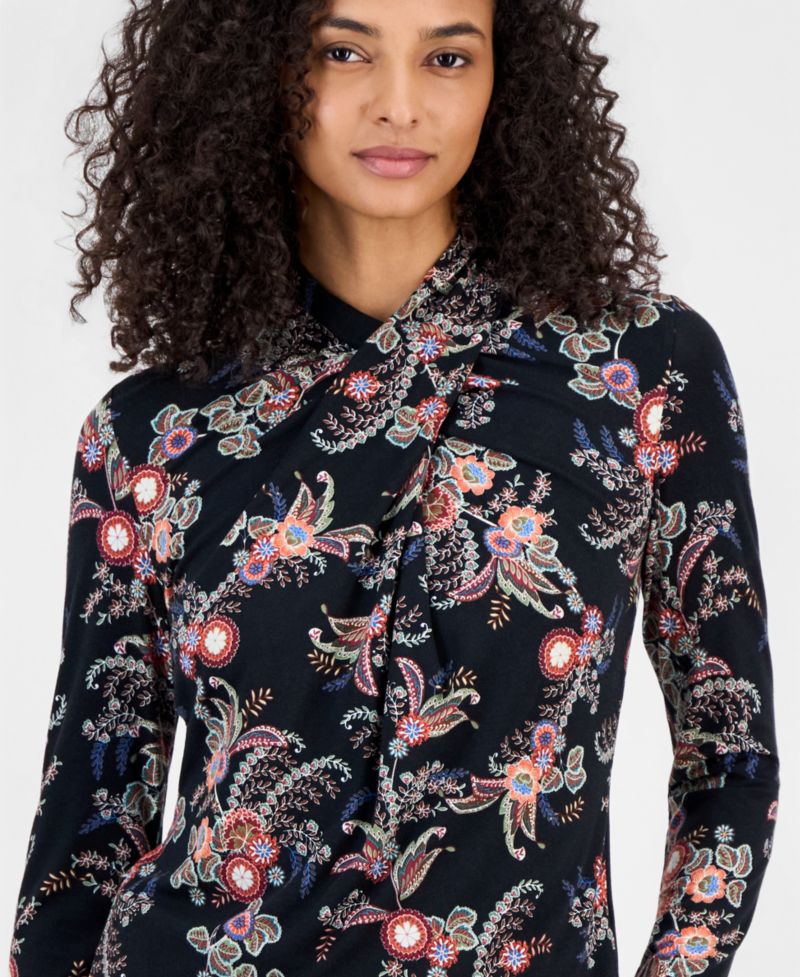 Women's Long-Sleeve Paisley Draped-Neck Blouse