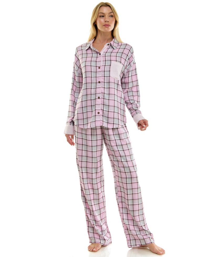 Women's Flannel Collared Long-Sleeve Shirt and Pant Pajama Set