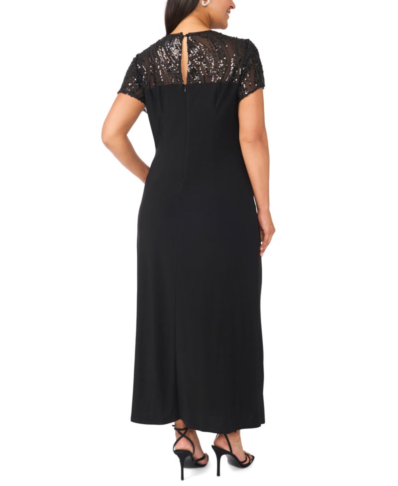 Plus Size Beaded Mesh Side Ruched Short-Sleeve Gown