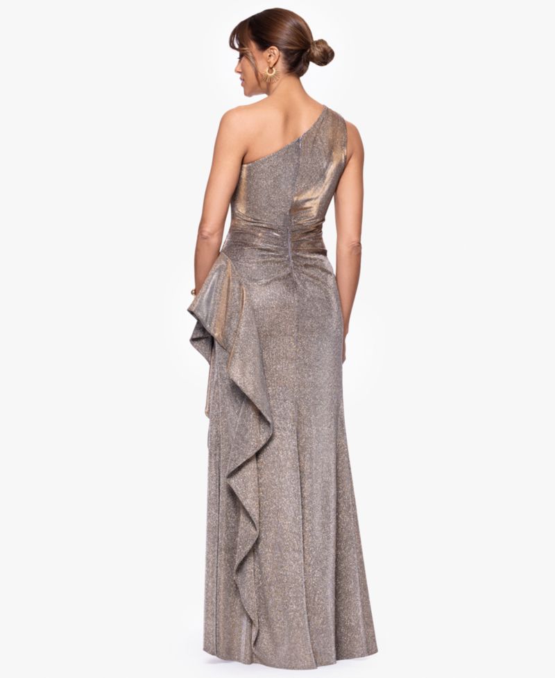 Petite Glitter Knit One-Shoulder Gown