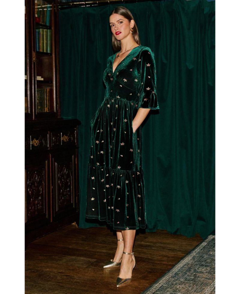 Women's Velvet Embroidered V-Neck Midi Dress