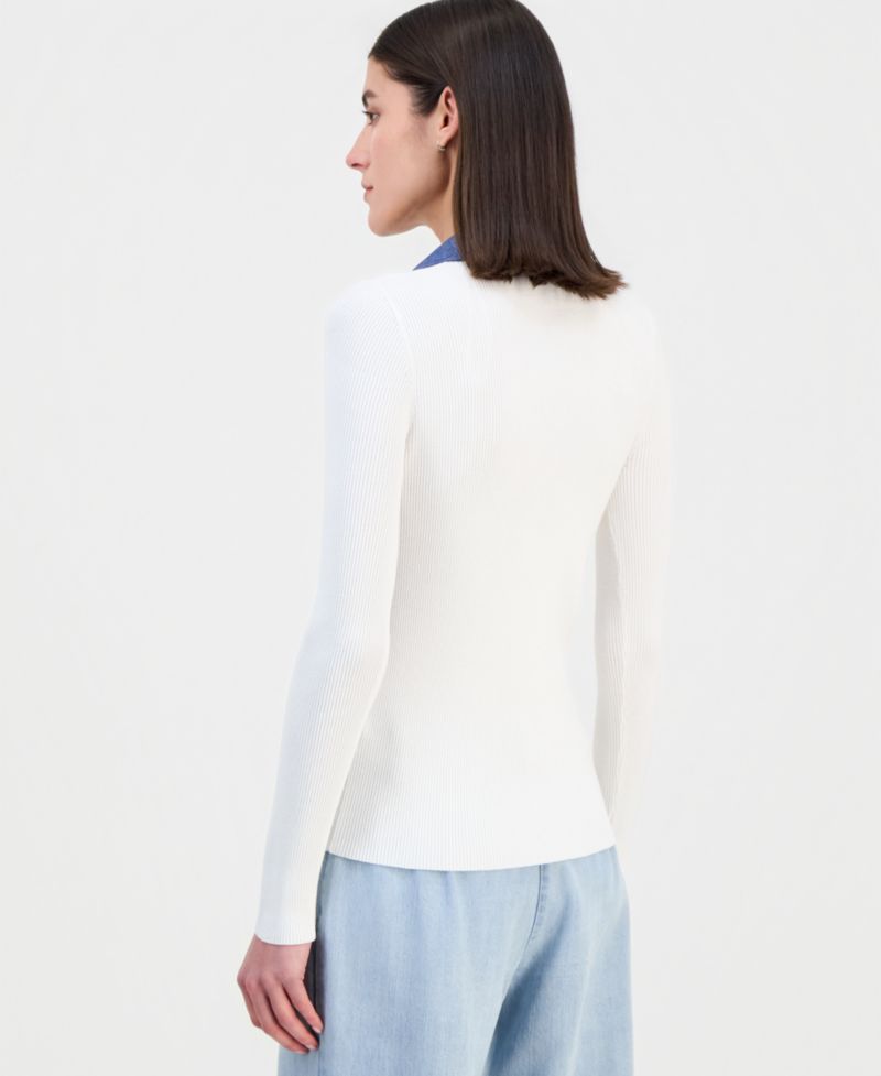 Women's Contrast Collared Ribbed Knit Sweater
