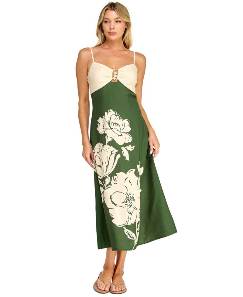 Juniors' Sleeveless Fit & Flare Midi Dress with Floral Placement Print