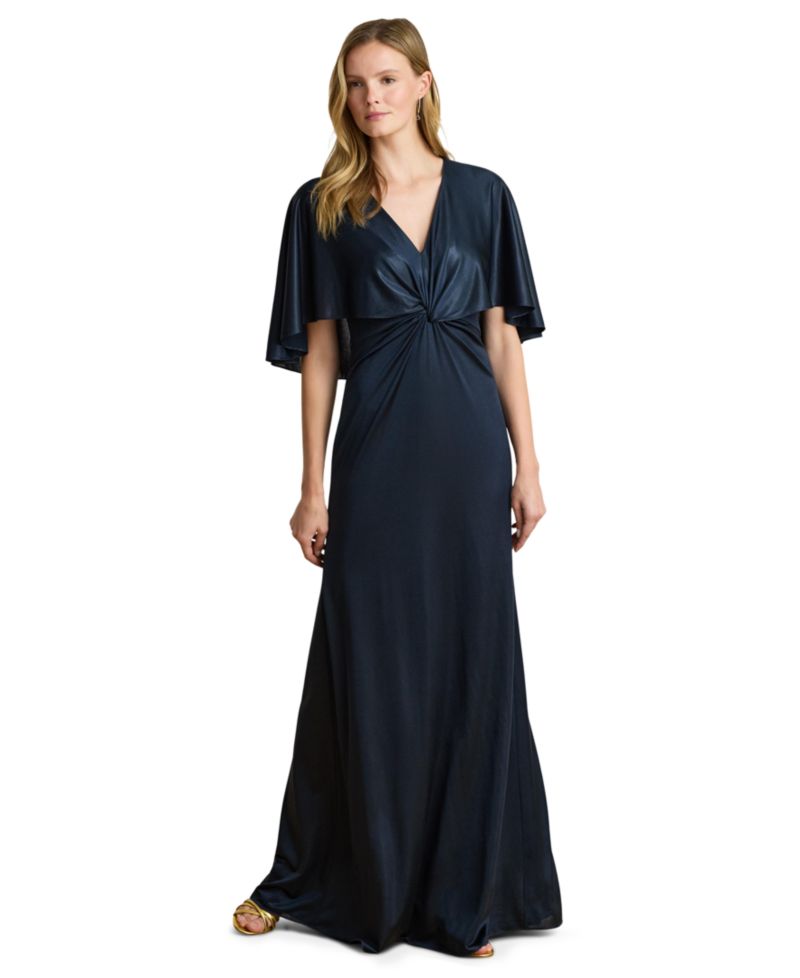 Women's Metallic Jersey Twist-Front Cape Gown