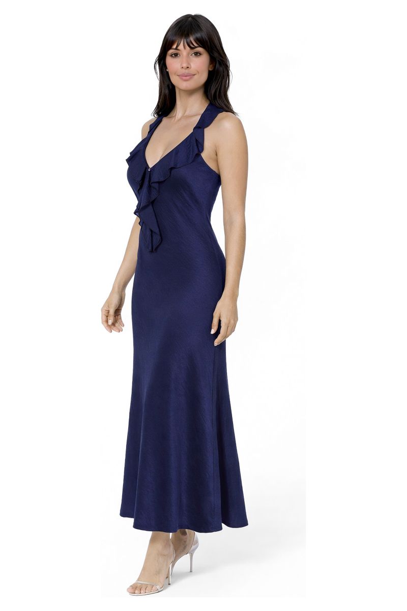 Women's Crushed Satin Ruffle Halter Maxi Dress