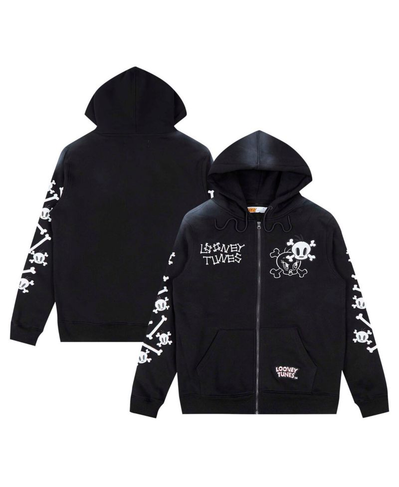 Men's Black Looney Tunes Tweety Bones Hoodie Full-Zip Sweatshirt