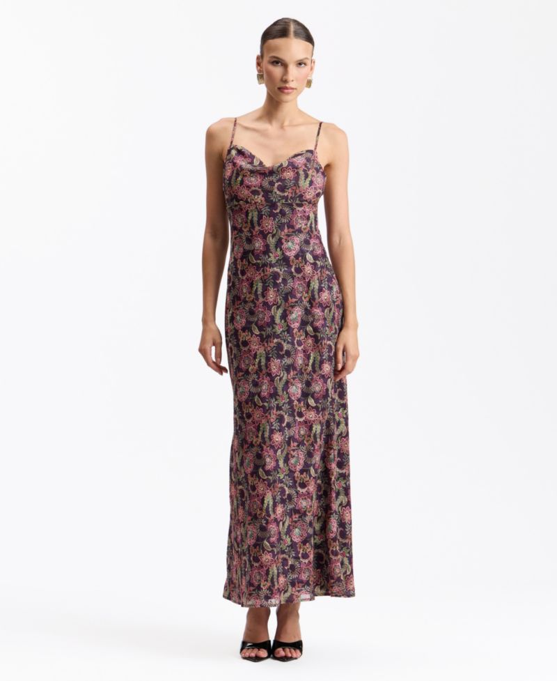 Women's Floral Cowl Neck Fringe Cape Scarf Maxi Dress
