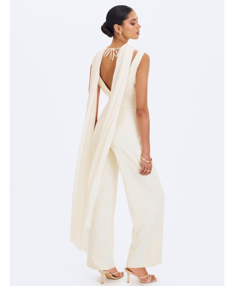 Women's Harper Ivory Ruched V-Neck Jumpsuit with Scarf