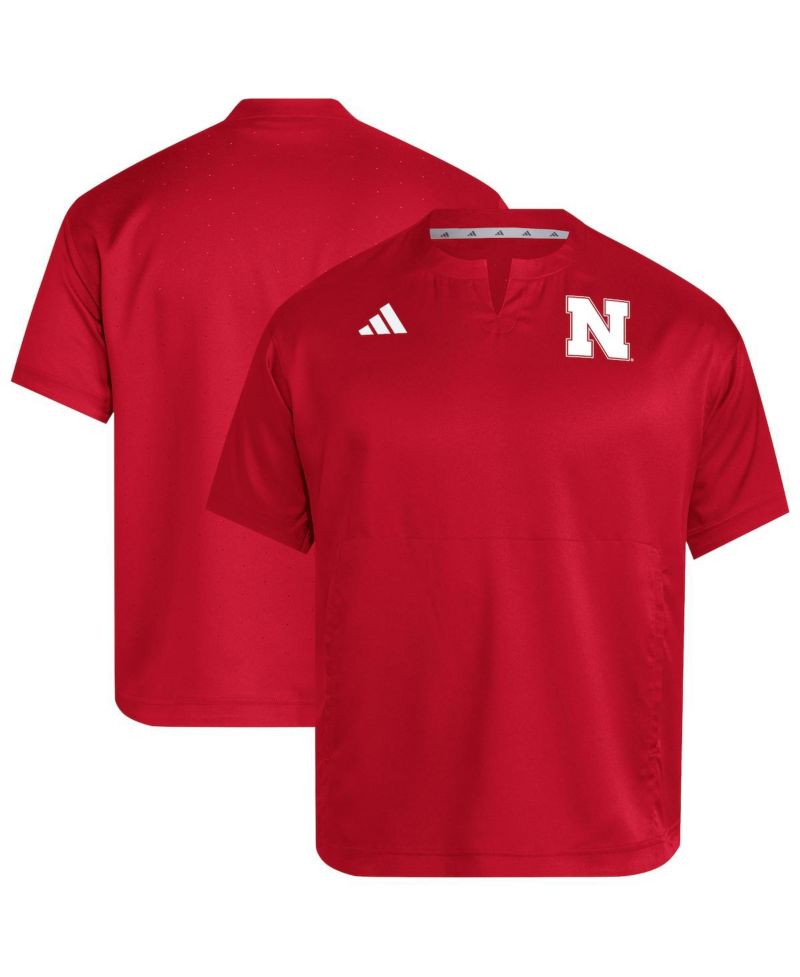 Men's Red Nebraska Huskers Dugout Coaches Adizero Notch Neck Pullover Sweatshirt