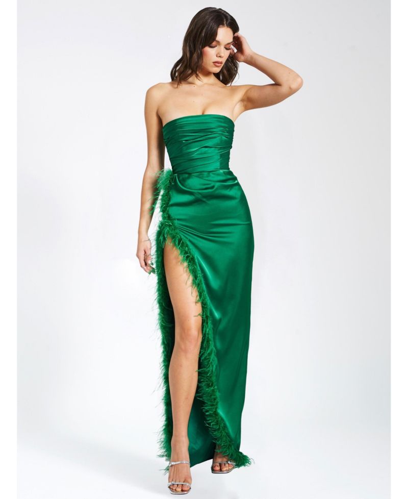 Women's Perrin Emerald Green Feather Dress High Slit Gown