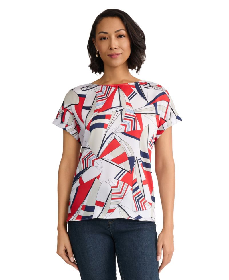 Women's Short-Sleeve Satin Twill Printed Blouse
