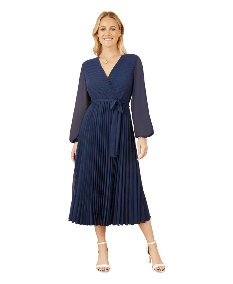 Women's Long Sleeved Pleated Midi Wrap Dress