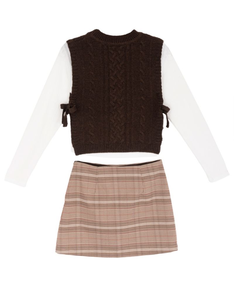 Girls' 7-12 Cable Knit Sweater Vest, Long-Sleeve T-Shirt and Plaid Ponte Skort, 3-Piece Set