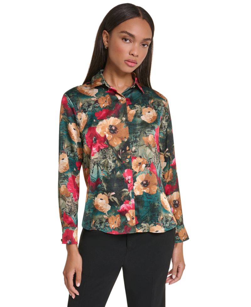 Petite Satin Floral Long-Sleeve Blouse
