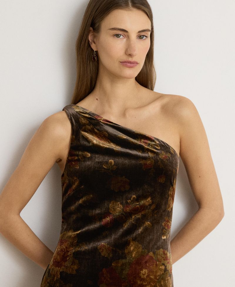 Women's One-Shoulder Floral Velvet Gown