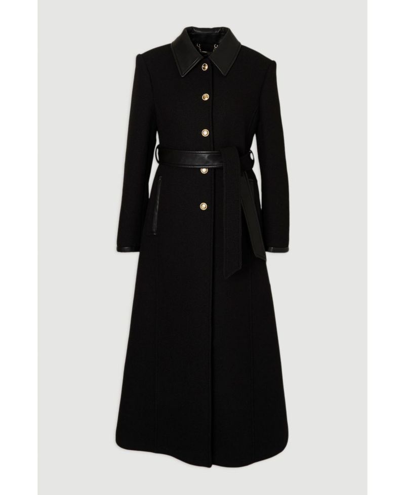 Women's Wool Pu Mix Belted Tailored Maxi Coat