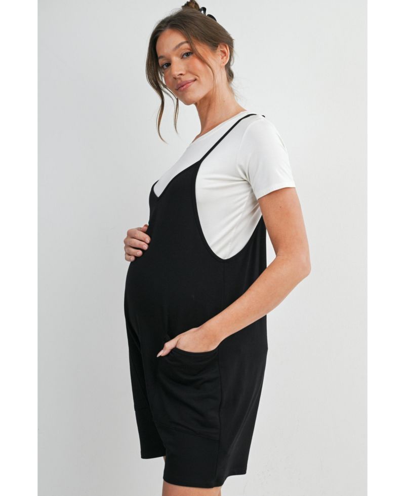 Maternity Sleeveless Loose Fit V-Neck Romper with Pockets and Adjustable Straps