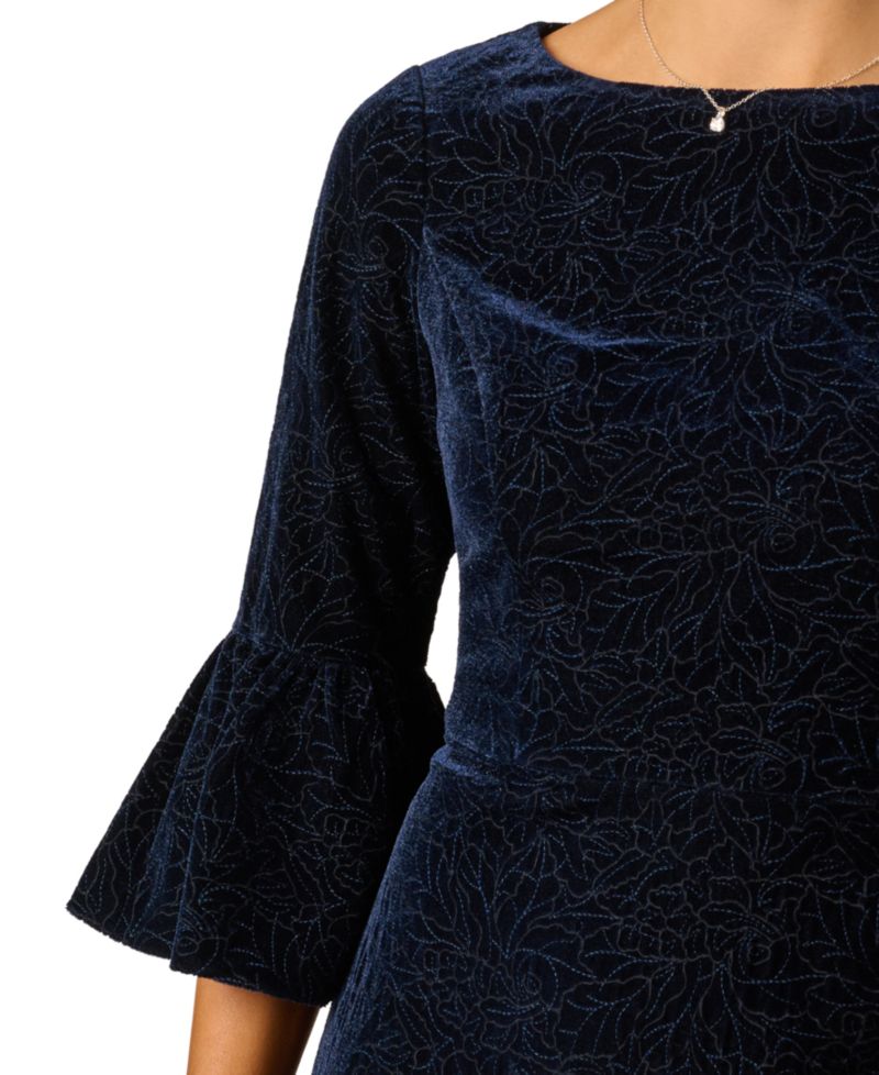 Women's Floral-Print Bell-Sleeve Velvet Dress