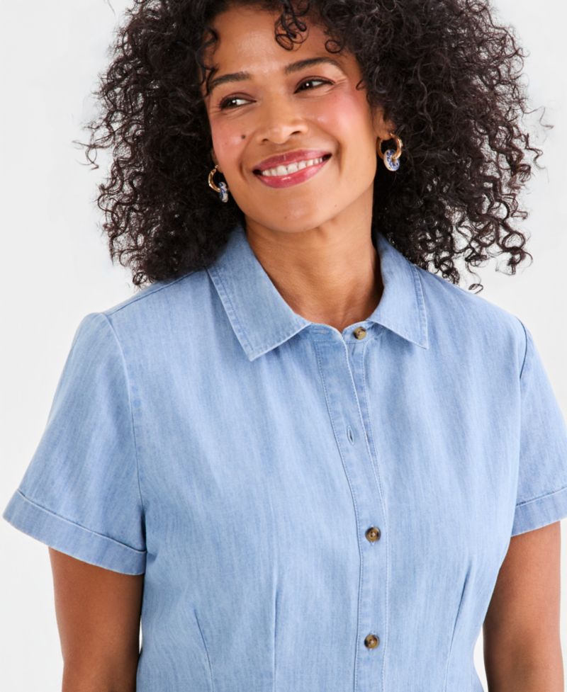 Women's Cotton Chambray Short-Sleeve Shirt-dress