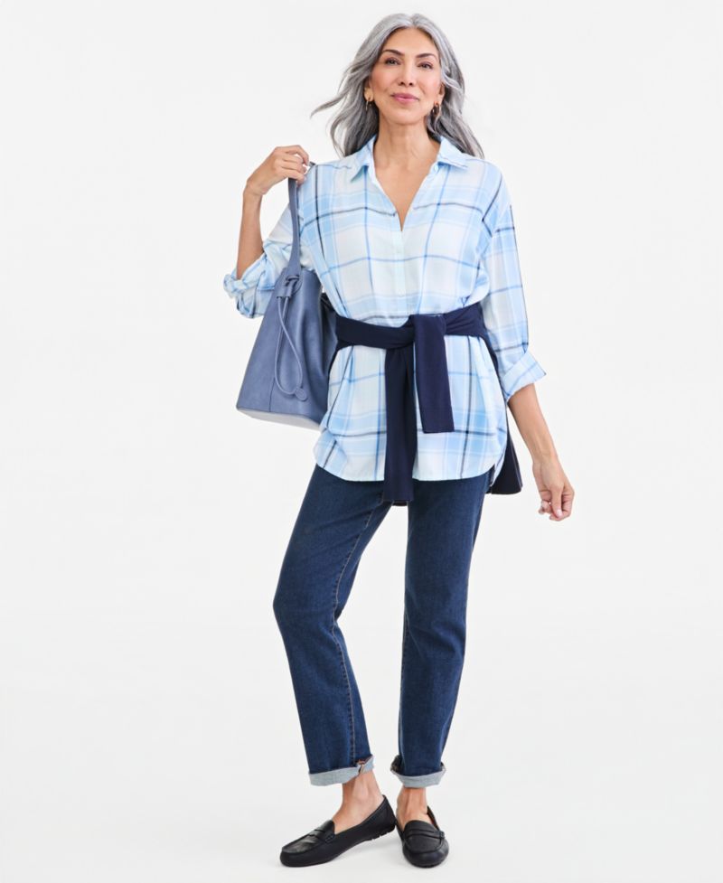 Plus Plaid Oversized Roll-Tab Button-Front Shirt