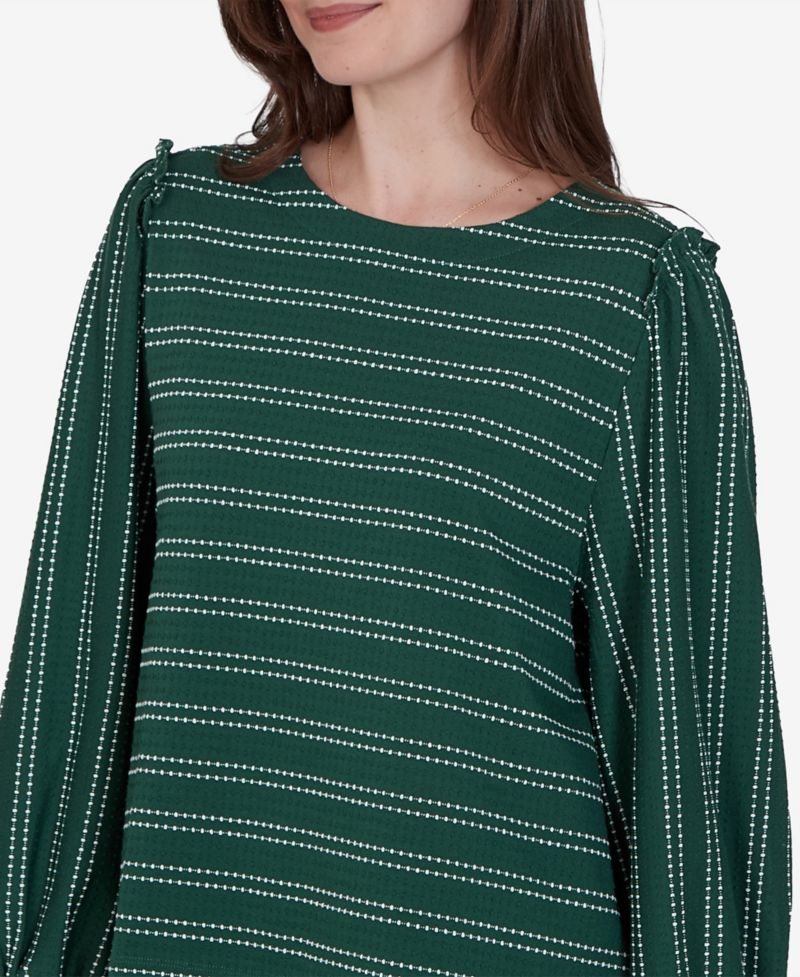 Petite Long-Sleeve Dobby-Stripe Crewneck Blouse