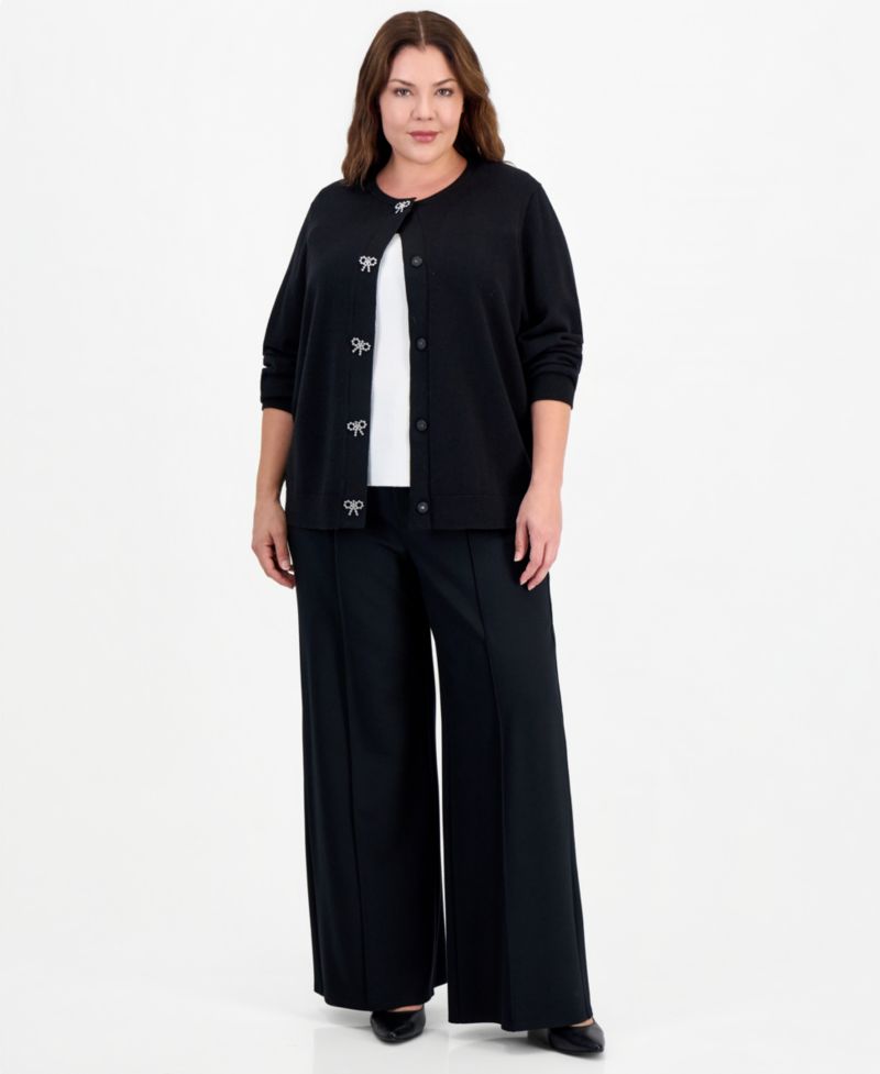 Plus Size Embellished Crewneck Long-Sleeve Cardigan