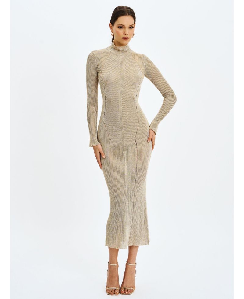 Women's Shay Gold Stretch Knit Backless Long Sleeve Dress