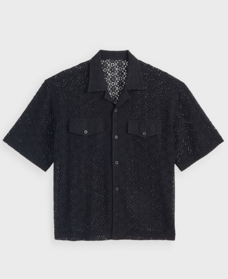 Men's Floral Lace Relaxed-Fit Camp Shirt