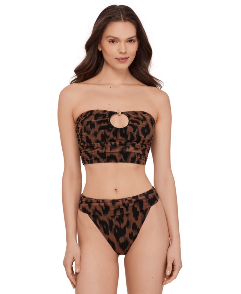 Women's Gold-Tone Bead Keyhole Tube Bikini Top and High-Leg Ruched Band Swim Bottoms