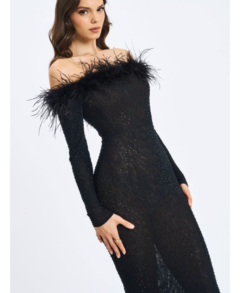 Women's Emberly Black Faux Fur Trimmed Off-Shoulder Rhinestone Mermaid Maxi Dress