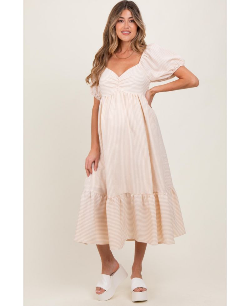 Women's Beige Sweetheart Stripe Smocked Back Midi Dress