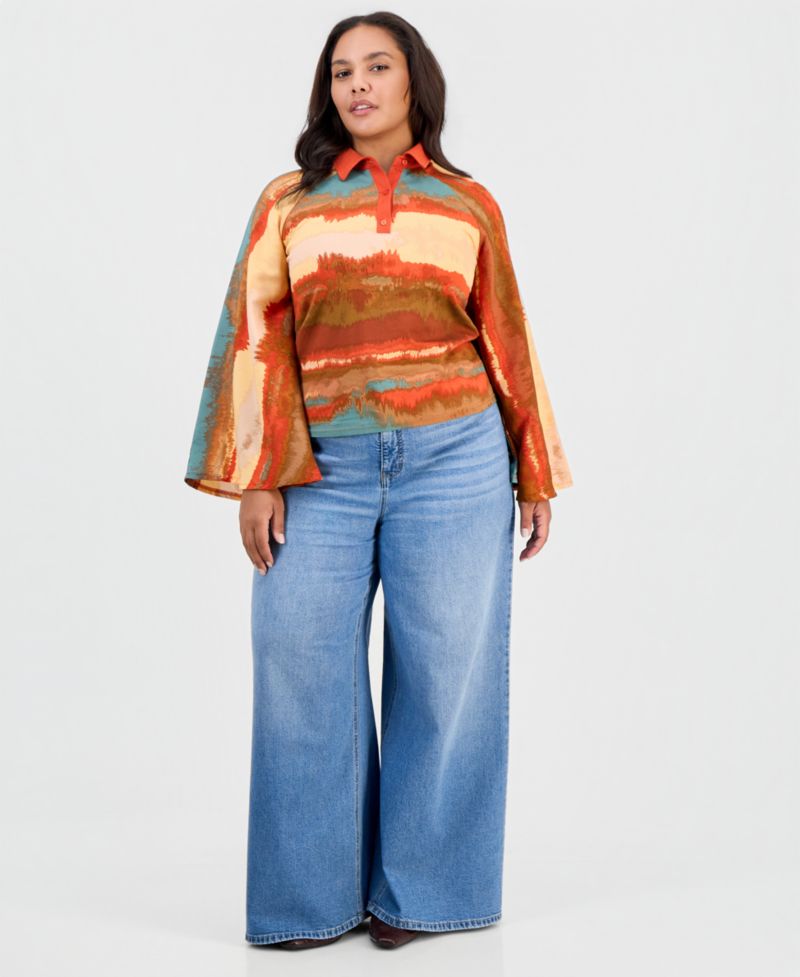Plus Size Long-Flare-Sleeve Knit-to-Woven Polo Shirt