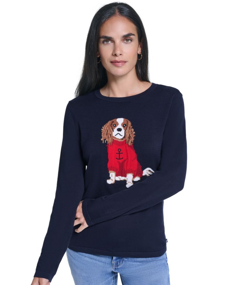 Women's Intarsia Dog Long-Sleeve Crewneck Sweater